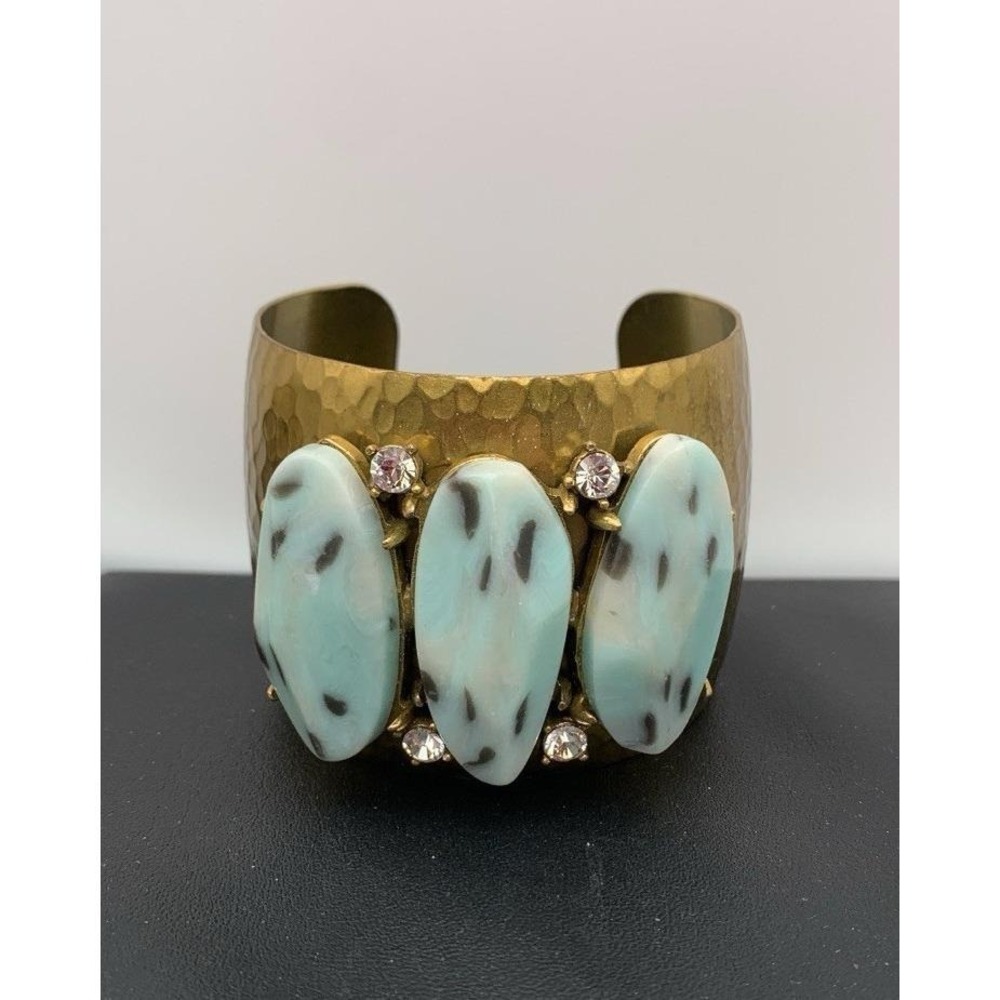 Gerard Yosca Signed Cuff Bracelet Chunky Blue & Rhinestone Wide Bangle Statement